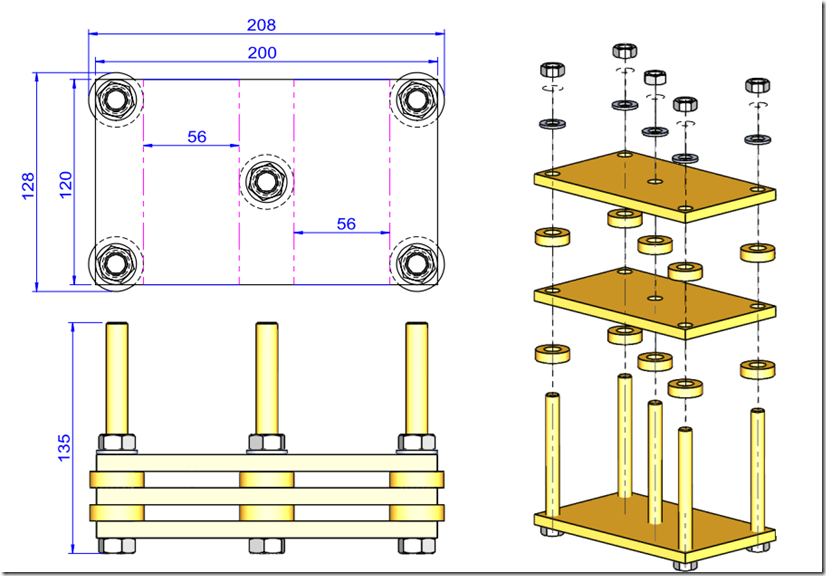 Compression Set Test Fixture dimensions diagram — 208×128×135 mm frame, 200×120 mm plate, five-column layout with 56 mm column pitch